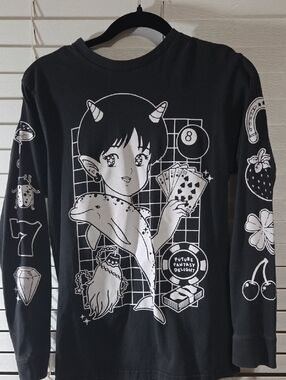 Black Graphic Long-Sleeve Tee with White Anime Motif